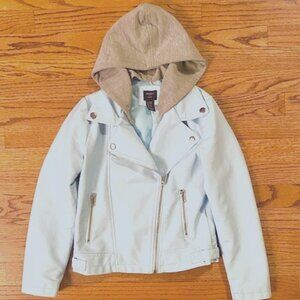 FOREVER 21: GIRLS LIGHT BLUE, HOODED 'MOTO' JACKET-SIZE 9/10 **LIKE-NEW!!!**